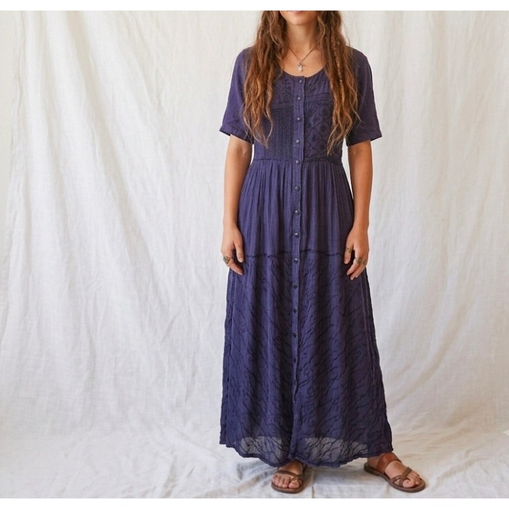 VTG 90s Whimsigoth Crinkle Rayon Embroidered Dress Medium Deadstock NOS Blue